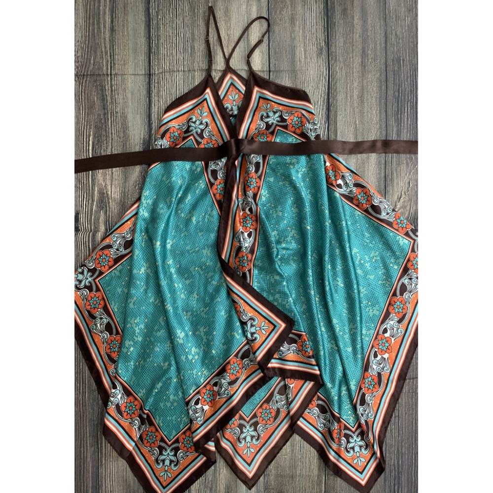**SOLD** Blue Brown Satin Scarf Dress S M - Picture 5 of 8